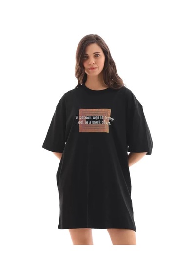 Modi Unisex Bisiklet Yaka Baskılı Oversize T-shirt - Siyah - Mymg112555