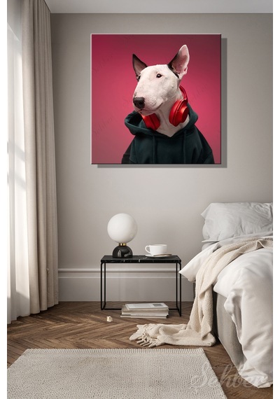 Kapüşonlu Sweatshirt Giymiş Kulaklıklı Beyaz Bir Bull Terrier Köpeği Kare Kanvas Tablo 4341 Çok Renkli