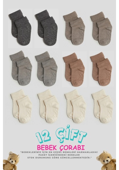 Cnt Erkek / Kız Bebek Kaydırmaz Taban Pamuklu Yumuşak Çorap 12 Li Paket Karışık Karışık