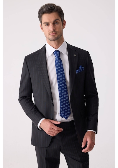 Erkek Siyah Slim Fit Çizgili %100 Yün Takım Elbise