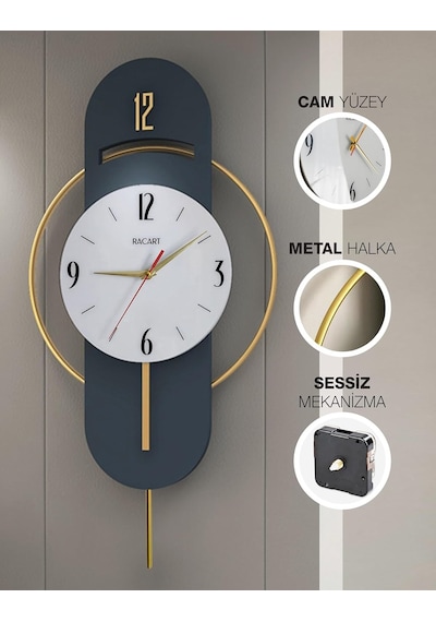Sessiz, Cam Yüzeyli, Metal Halkalı, Dekoratif Duvar Saati Antrasit Gold Diğer