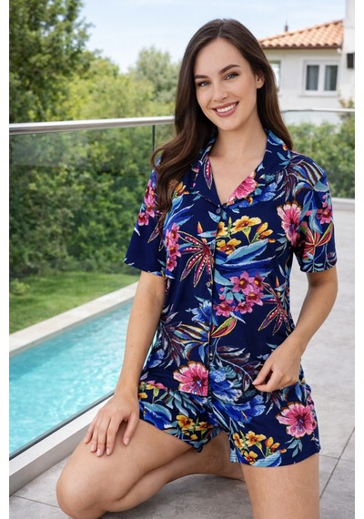 Remsa Kadın Desenli Kısa Kol Önü Düğmeli Likralı Viskon Pijama Takımı 0312 Lacivert Lacivert Remsa Kadın Desenli Kısa Kol Önü Düğmeli Likralı Viskon Pijama Takımı 0312 Lacivert Lacivert