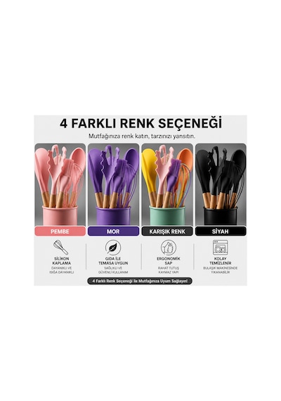 12 Parça Isıya Dayanıklı, Standlı Ve Ahşap Saplı Silikon Mutfak Seti Çok Parçalı Büyük Servis Seti-renk Seçenekli Mor