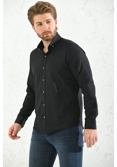 Erkek Slim Fit Uzun Kol Oxford Yaka Düğmeli Hediye Kutulu Gömlek Siyah