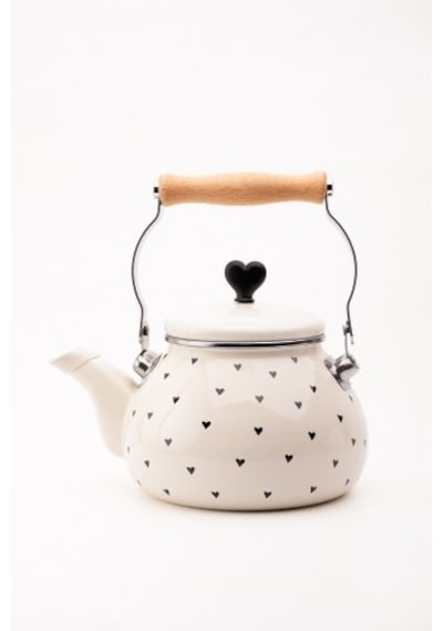 Black Cupid Emaye Siyah Kalp Desenli Vintage Kettle - 2 Litre