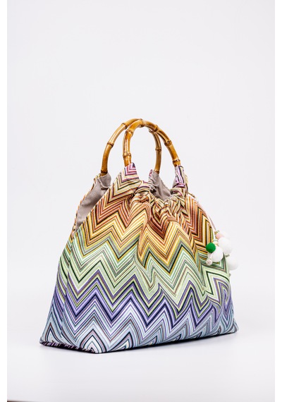 Fabric Craft Bag El Çantası Bambu Saplı Zigzag Desenli Duck Kumaş Çok Renkli