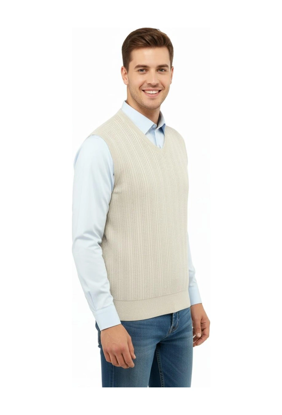 Çizgi Triko Erkek V Yaka Süveter Çelik Örgü Regular Kalıp 5209h Bgl-st04843 Taş