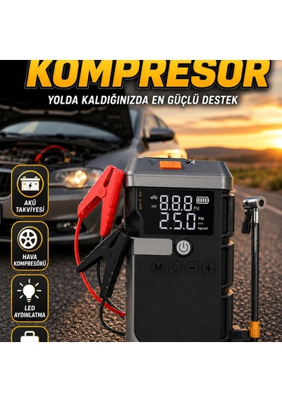 4 Ü 1 Arada Taşınabilir Akü Takviye Cihazı Hava Kompresörlü Led Işıklı Powerbank