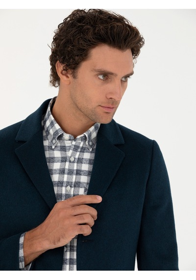 Cacharel Petrol Mavisi Yün Karışımlı Ex. Slim Fit Palto