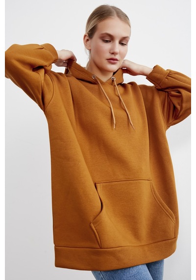 Meecy Kadın Kiremit Kapüşonlu Kanguru Cepli Sweatshirt Kiremit Kiremit