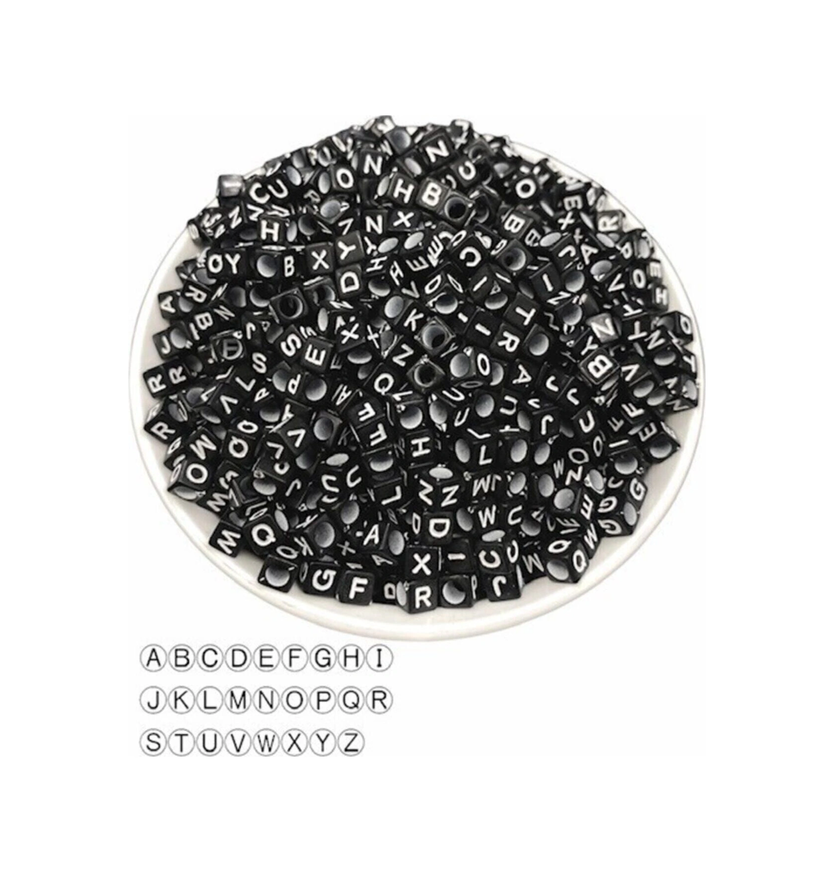 6mm Siyah Üzeri Beyaz Küp Harf Boncuk,6x6mm Alfabe Mektup Zar Boncuk 50gr, 350 Adet