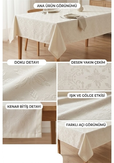 Kırık Beyaz Desenli Masa Örtüsü Jakarlı Kumaş Leke Tutmaz Şık Masa Örtüsü