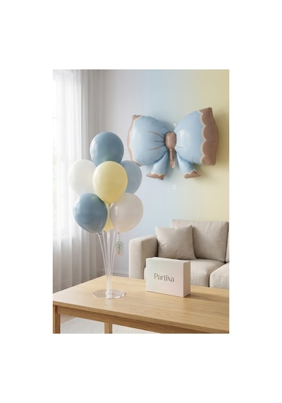 Retro Mavi Fiyonk Balon Stand Seti Şeffaf 7 Li Stand + Retro Mavi Fiyonk Folyo Balon 91 60 Cm + 7 Lateks Balon