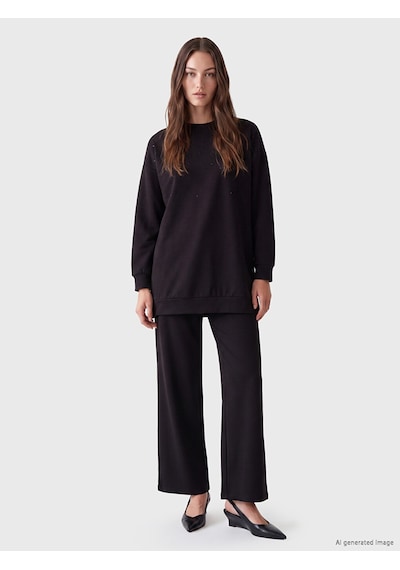 Lcw Modest Siyah Taşlı Soft Touch Kadın Sweatshirt Tunik