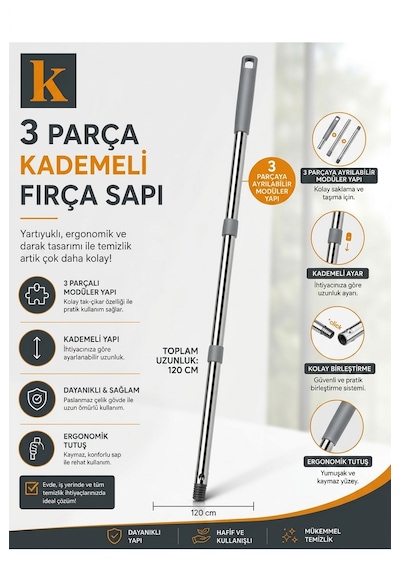 115 Cm Modüler Fırça Sapı 3 Parçalı Vidalı Uzayan Temizlik Fırçası Sapı