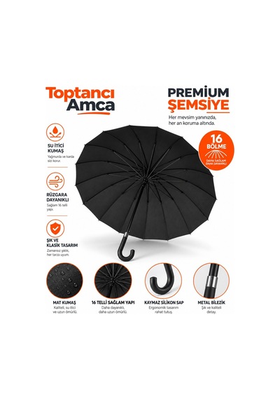 Toptancı Amca 16 Telli Süper Kaymaz Tutamaçlı Siyah Baston Kılıflı Şemsiye 100 Cm Çapında Ağır Değil Kadın Erkek Kullanır