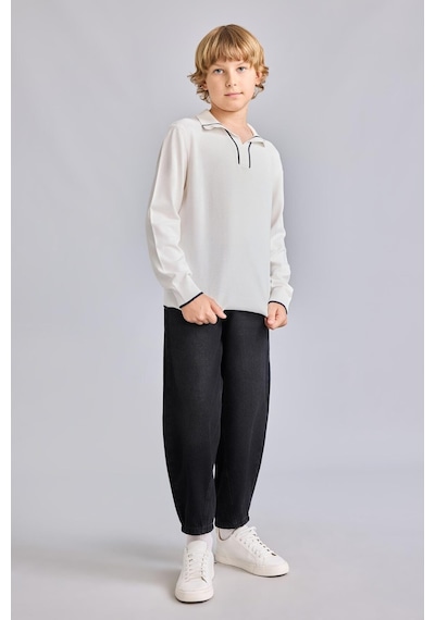 Defacto Regular Fit Apaş Yaka Şerit Detaylı Triko Kazak Erkek Çocuk I0394a826wner105 Ekru-er105