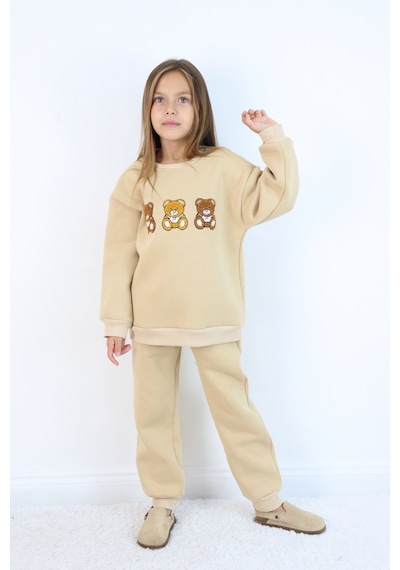 Harika Kids Kız Çocuk 3'lü Ayıcık Nakışlı 3 İplik Oversize Şardonlu Takım Ekru