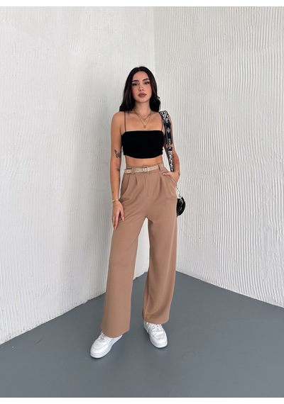 Winmoda34 Kadın Çift Pileli Esnek Kemer Detaylı Palazzo Kumaş Pantolon Bej