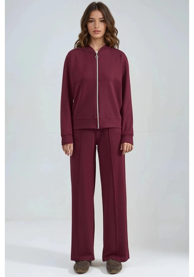 Fiolin Modal Dokulu Fermuarlı Sweatshirt & Nervürlü Pantolon Takımı Bordo