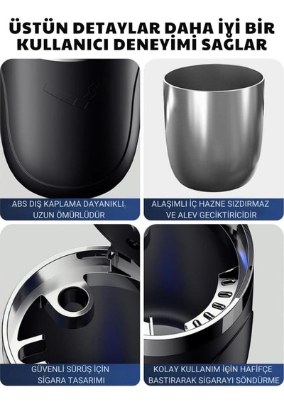 Coofbe Premium Car Ashtray Led Işıklı Taşınabilir Kapaklı Araba Küllük Kül Tablası Yıkanabilir Küllük
