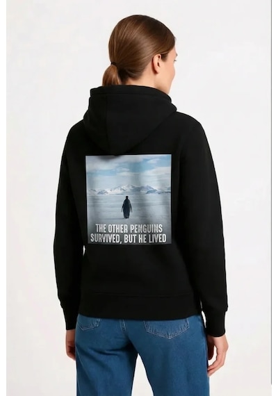 Oversize Hoodie - Sırt Baskılı Survivor Penguin Temalı, Felsefi Yazılı Kapüşonlu Sweatshirt - Siyah SiYAH