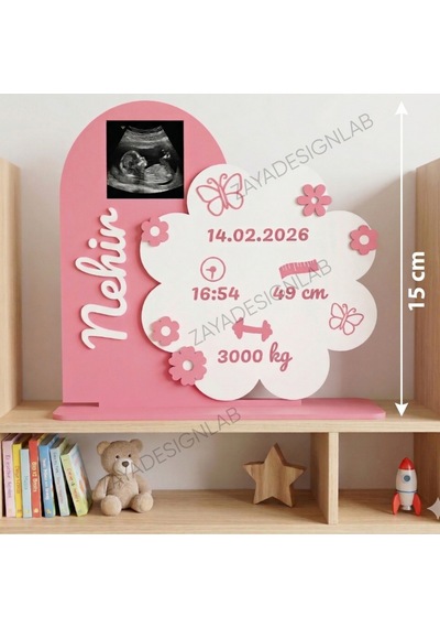 Kişiselleştirilmiş 3d Tasarım Bebek Odası Dekoru Doğum Bilgileri Süsü- Yenidoğan Hediyelik / 15 Cm Pudra Pembe