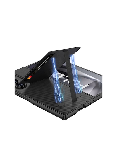 Galaxy Uyumlu Z Fold 6 Kılıf Karbon Fiber Kartlıklı Uzrm Kıpta Dik Açılan Kartlıklı Kapak-siyah Siyah