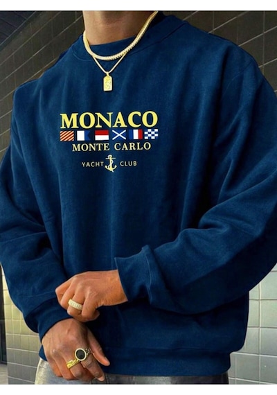 Altamira Erkek Petrol Mavi Monaco Baskılı Bisiklet Yaka Sweatshirt 001