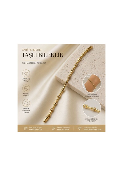 Premium Seri Bohem Stil Bambu Kesim Zirkon Taşlı Bileklik Altın