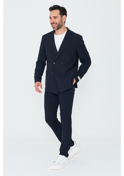 Lacivert Kruvaze İnce Çizgili 6 Drop Regular Fit Takım Elbise Laci