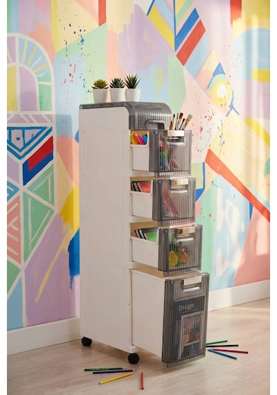 Makri Home Tekerlekli 4 Çekmeceli Dekoratif Dolap Beyaz, 21 Cm 36.5 Cm 113 Cm Beyaz