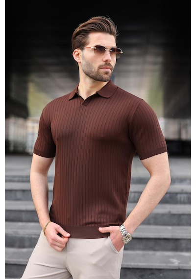 Madmext Kahverengi Polo Yaka Triko Erkek Tişört E7461 Kahverengi