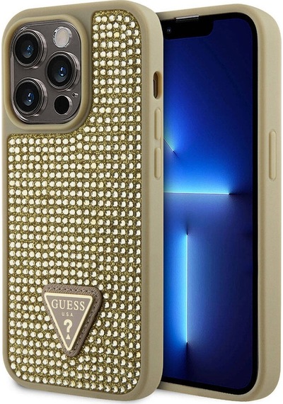 Apple Uyumlu iPhone 15 Pro Kılıf Guess Lisanslı Taşlı Arka Yüzey Üçgen Logolu Kapak Siyah