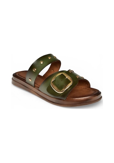 Fox Shoes Y390450703 Yeşil Hakiki Deri Zımba Detaylı Kadın Terlik Yeşil