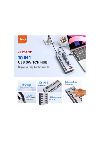Juo Usb-a 10 Portlu Anahtarlı 5 Usb-a 5 Type-c 5gbps Pd Hızlı Şarj Destekli Usb 3.1 Çoklayıcı Dönüştürücü Hub