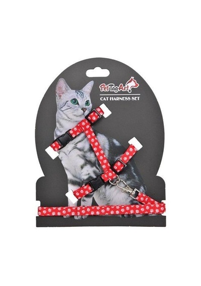 Pettagart Kırmızı Beyaz Pati Desenli Ayarlanabilir Kedi Göğüs Tasma Seti 10 Mm 110 Cm
