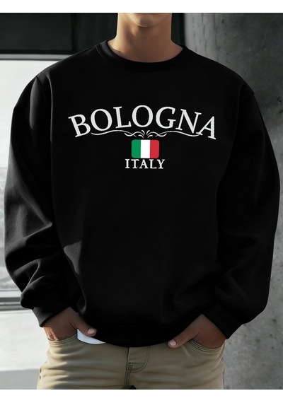 Startmore Tarzsokak Bologna İtalya Bayrağı Desen Kazaklar Erkekler Sokak Polar Spor Hipster Sonbahar Hip Hop Gevş Siyah
