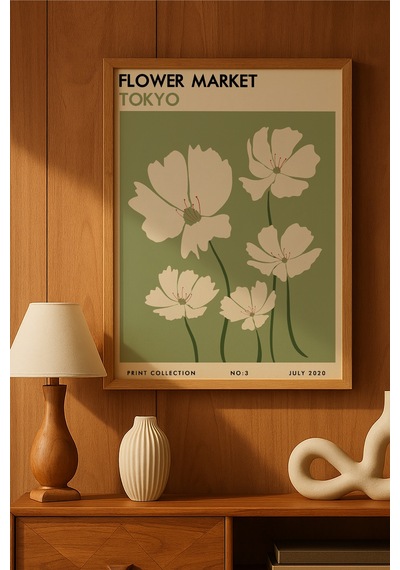 Flower Market Tokyo Doğal Ahşap Çerçeveli Poster, Dekoratif Sanatsal Duvar Tablosu