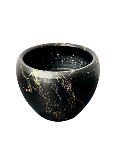 BİTKİ TASARIMI EV DEKORASYON SİYAH ÜZERİ GOLD MERMER EFEKTLİ TOPRAK SAKSI SAKSILIK SALON ÇİÇEKLİK - 15 CM