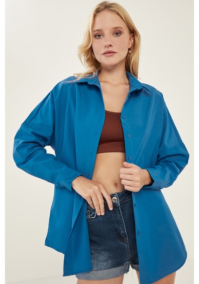Meecy Kadın Saks Mavi Oversize Uzun Basic Gömlek Saks Mavi Saks Mavi