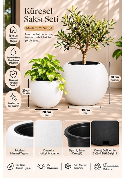 2 Li Küresel Saksı Seti Beyaz 20 Cm Ve 30 Cm Dekoratif Saksı, Siyah İçlikli, Modern Yuvarlak Saksı Takımı -