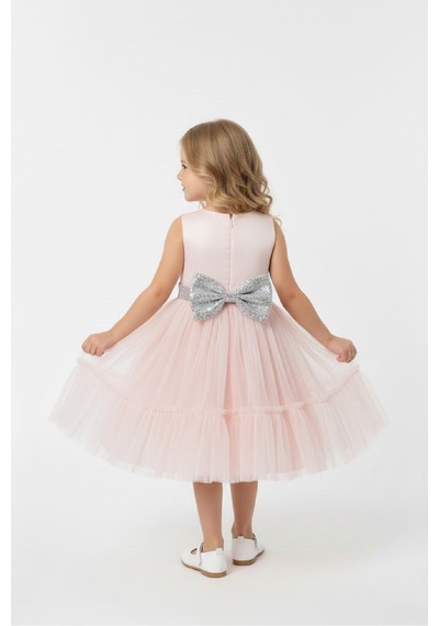 Kız Çocuk Elbise -saten Tüllü Kumaş-kuşak Ve Fiyonk Detaylı 2-8 Yaş 12517 Pembe
