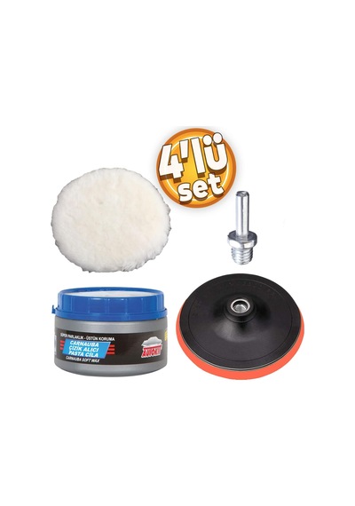 Pasta Cila Polisaj Parlatma Yünü Pedi Keçesi Süngeri+115 Mm Cırt Taban+matkap Aparatı+oto Pasta Cila 300 Gr 4'lü Set