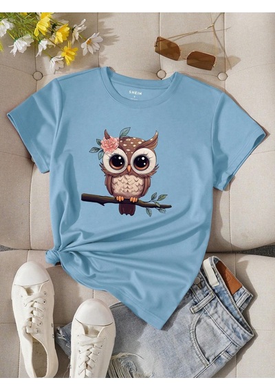 Flood Of Style Kadın Bebe Mavi Baykuş Baskılı Oversize
