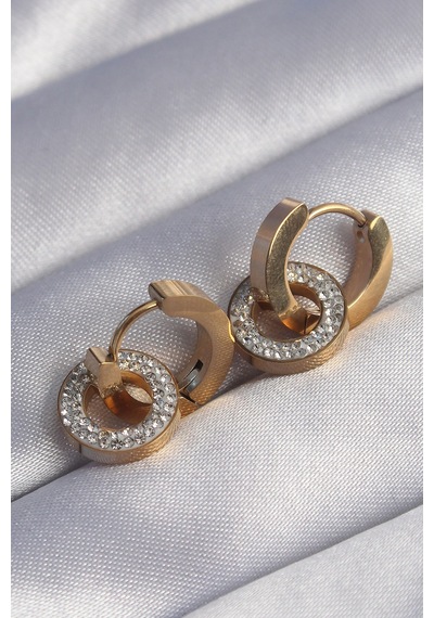 316l Çelik Gold Renk Zirkon Taşlı İç İçe Geçmeli Oval Küpe - Çok Renkli