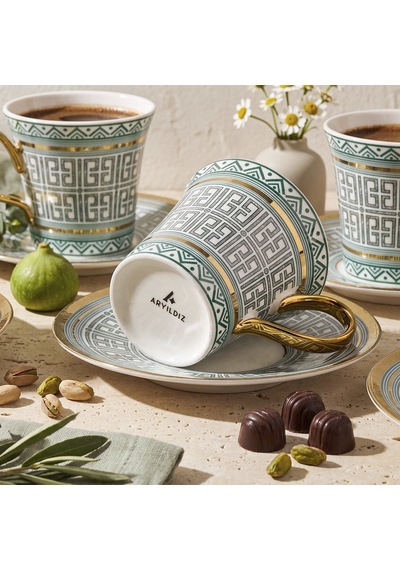 Aryıldız Kingham 12 Parça 6 Kişilik Kahve Fincan Takımı Yeşil 90 Ml Çok Renkli