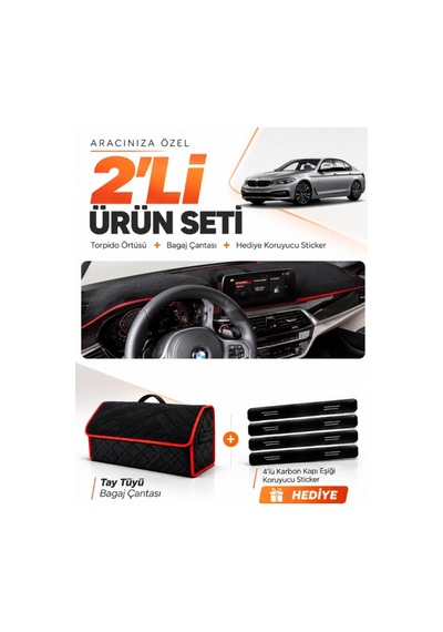 Bmw G30 G31 G38 2017-2023 Uyumlu Torpido Örtüsü + Tay Tüyü Bagaj Çantası + Sticker - Siyah Kırmızı