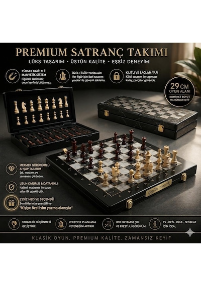 Kişiye Özel İsim Yazılabilir Lüks Mermer Desen Ahşap Manyetik Satranç Seti 29 Cm Premium Oyun Takımı