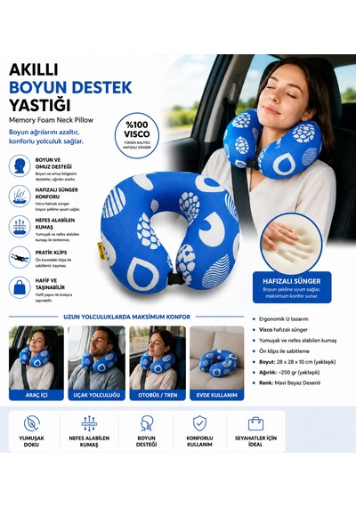 Akıllı Boyun Destek Yastığı Visco Hafızalı Süngerli Seyahat Yastığı Mavi 01